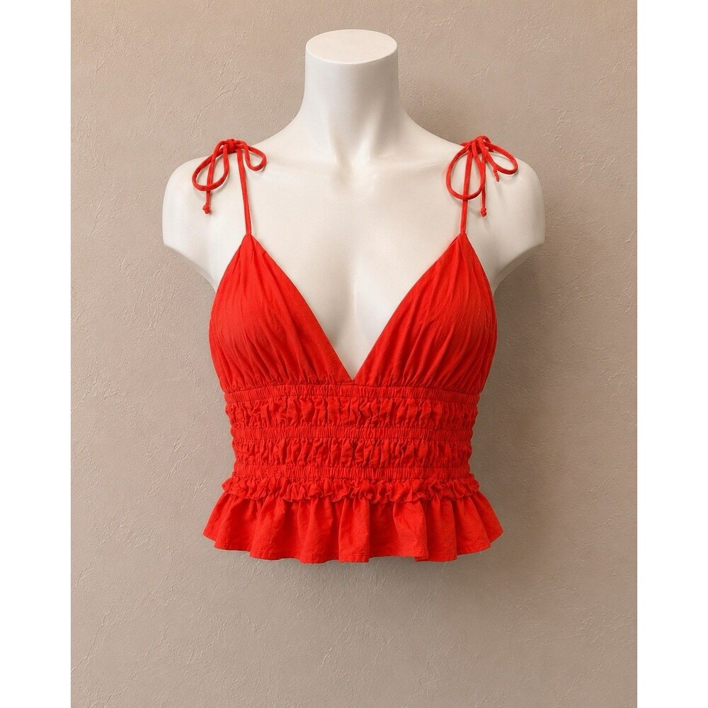 Sim & Sam Red Crop Top Smocked Strappy Ruffled Tiered Small Tie Bow Boho